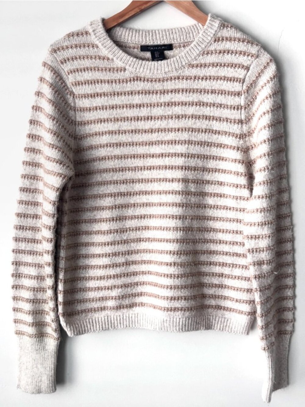 Tahari Womens M Striped Knit Sweater Brown Neutral Coastal Grandma Pullover